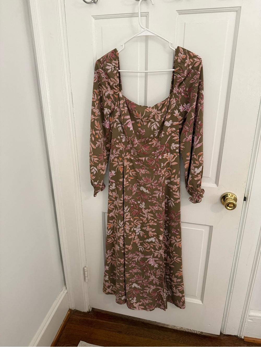 Olive Floral Midi Dress with Pink Accents